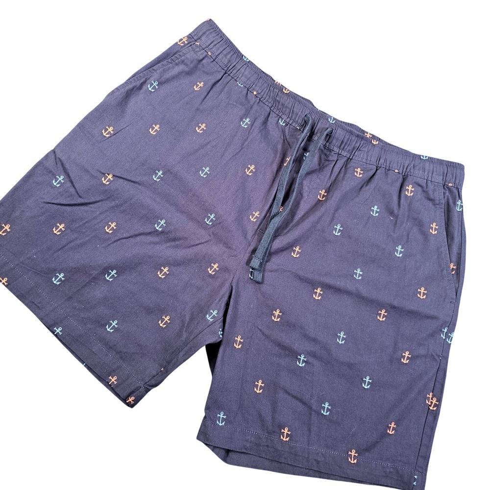Dark Seas Division Mens XL Navy Anchor Embroidered Cotton Drawstring Shorts NWOT